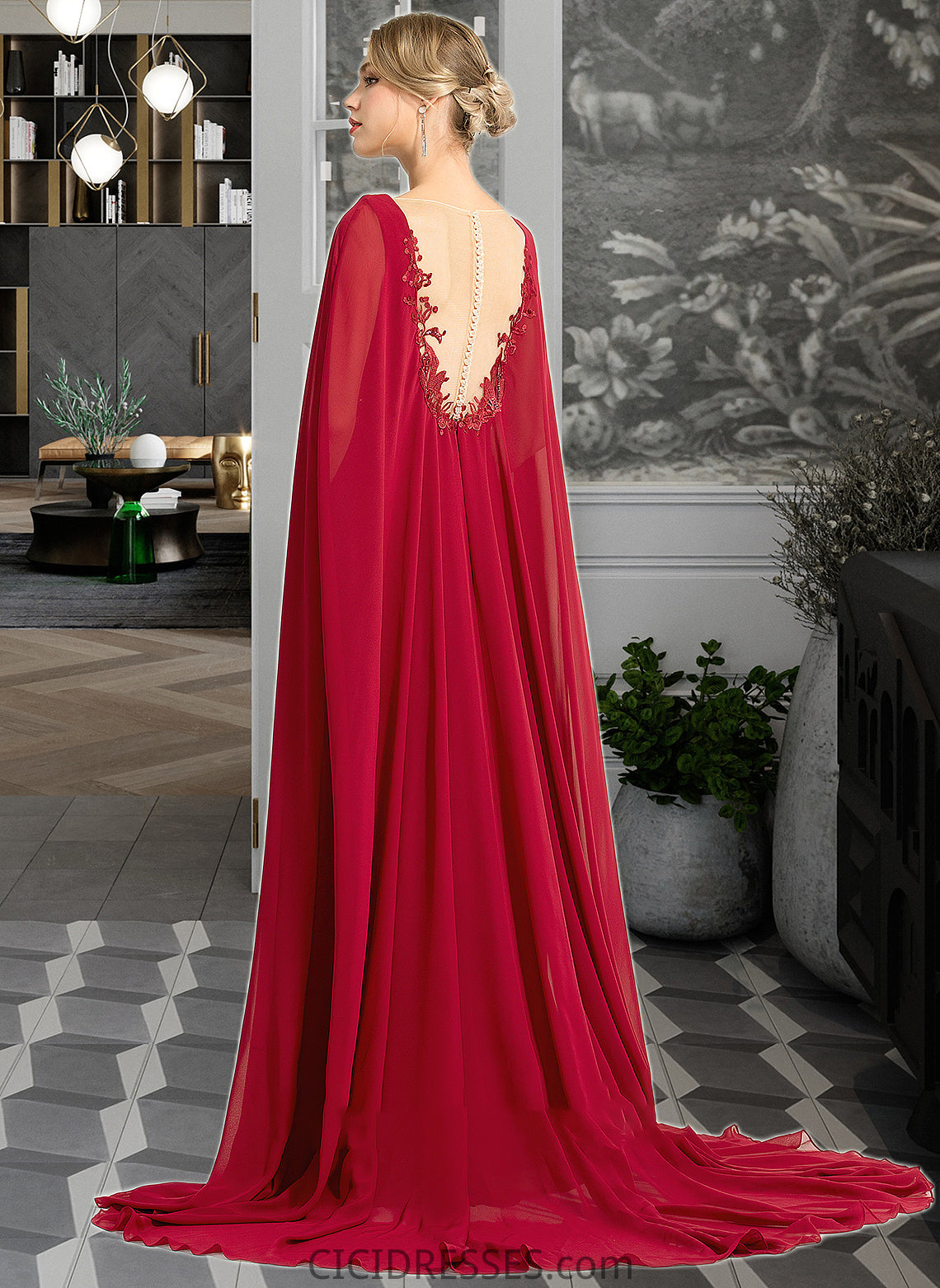 Mireya A-Line V-neck Floor-Length Chiffon Wedding Dress With Sequins CIC8P0013718