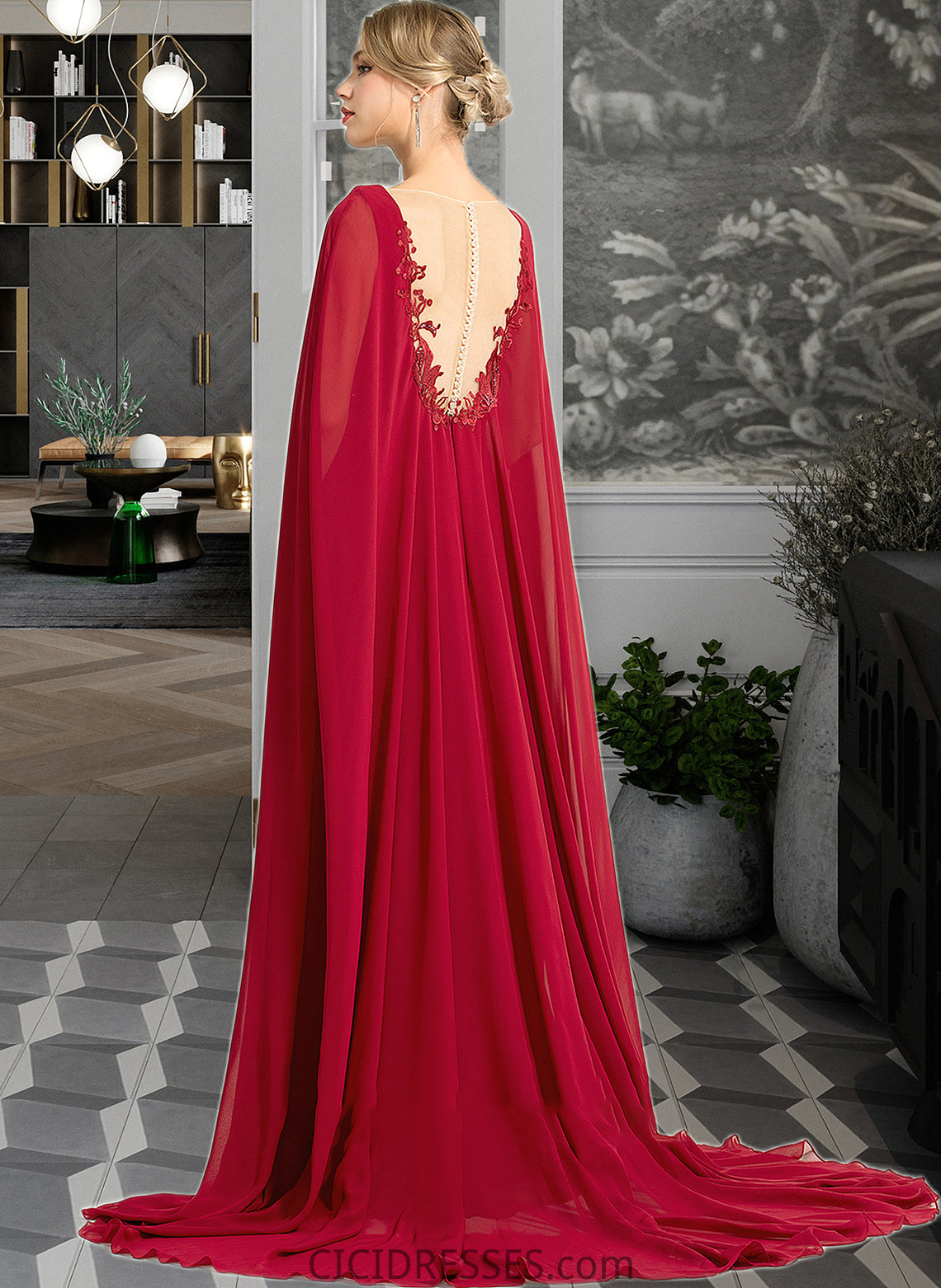 Mireya A-Line V-neck Floor-Length Chiffon Wedding Dress With Sequins CIC8P0013718