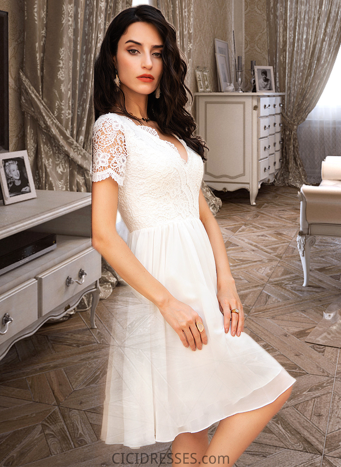 Victoria A-Line V-neck Knee-Length Chiffon Wedding Dress With Lace CIC8P0013720