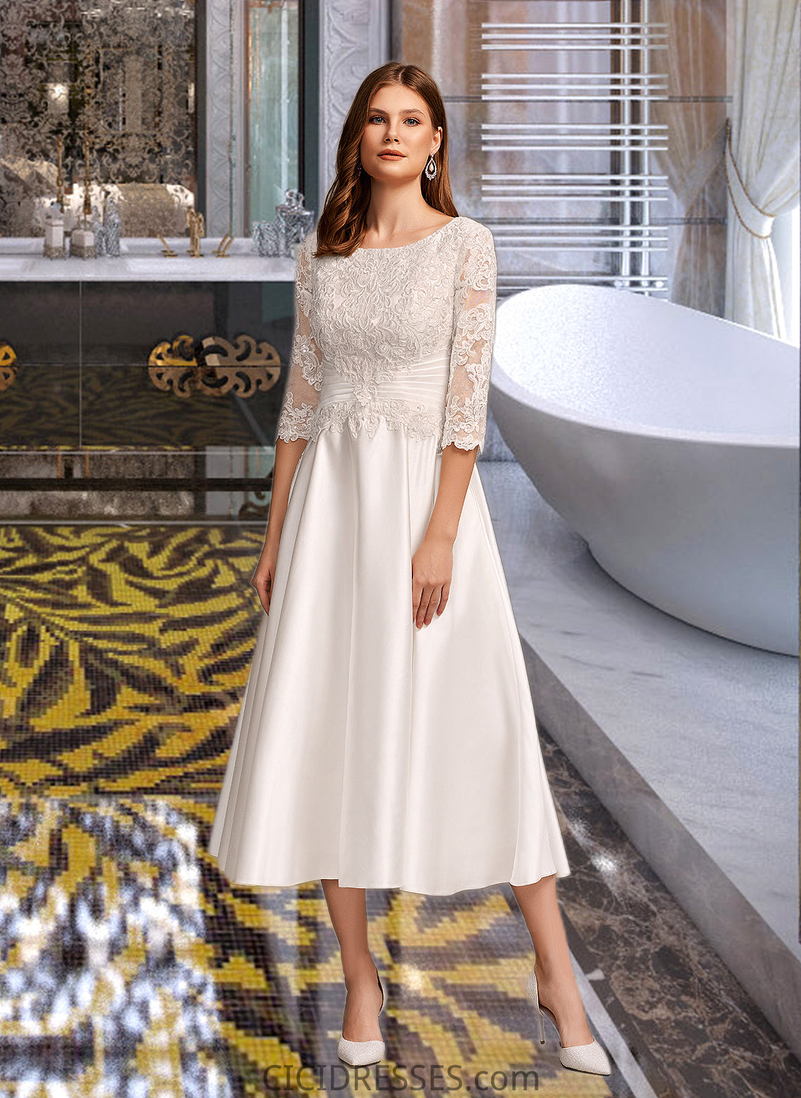 Salome A-Line Scoop Neck Tea-Length Wedding Dress With Pockets CIC8P0013723