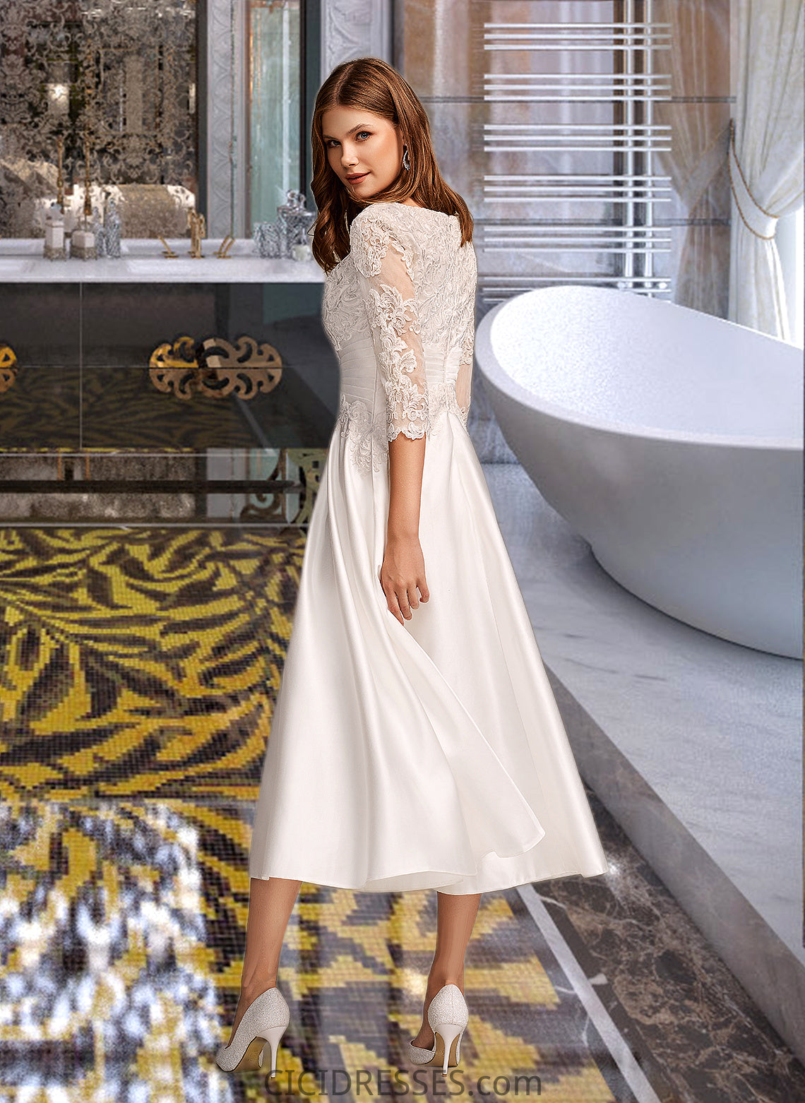 Salome A-Line Scoop Neck Tea-Length Wedding Dress With Pockets CIC8P0013723