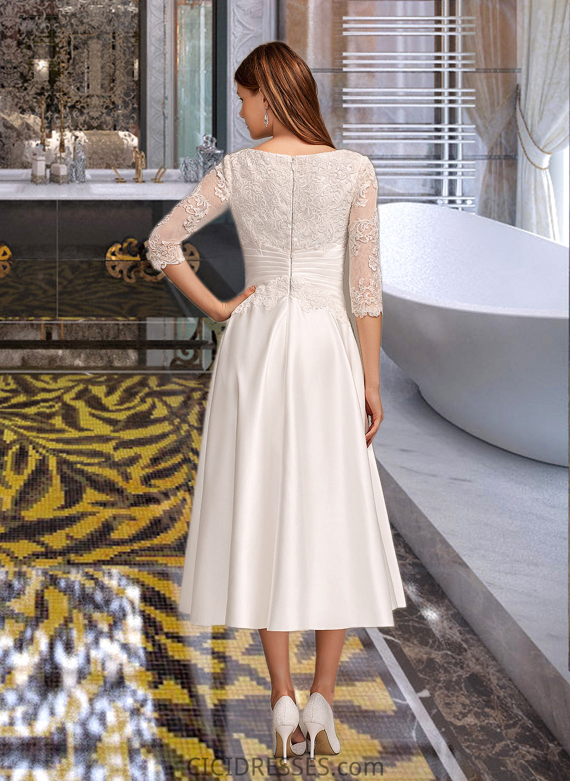 Salome A-Line Scoop Neck Tea-Length Wedding Dress With Pockets CIC8P0013723