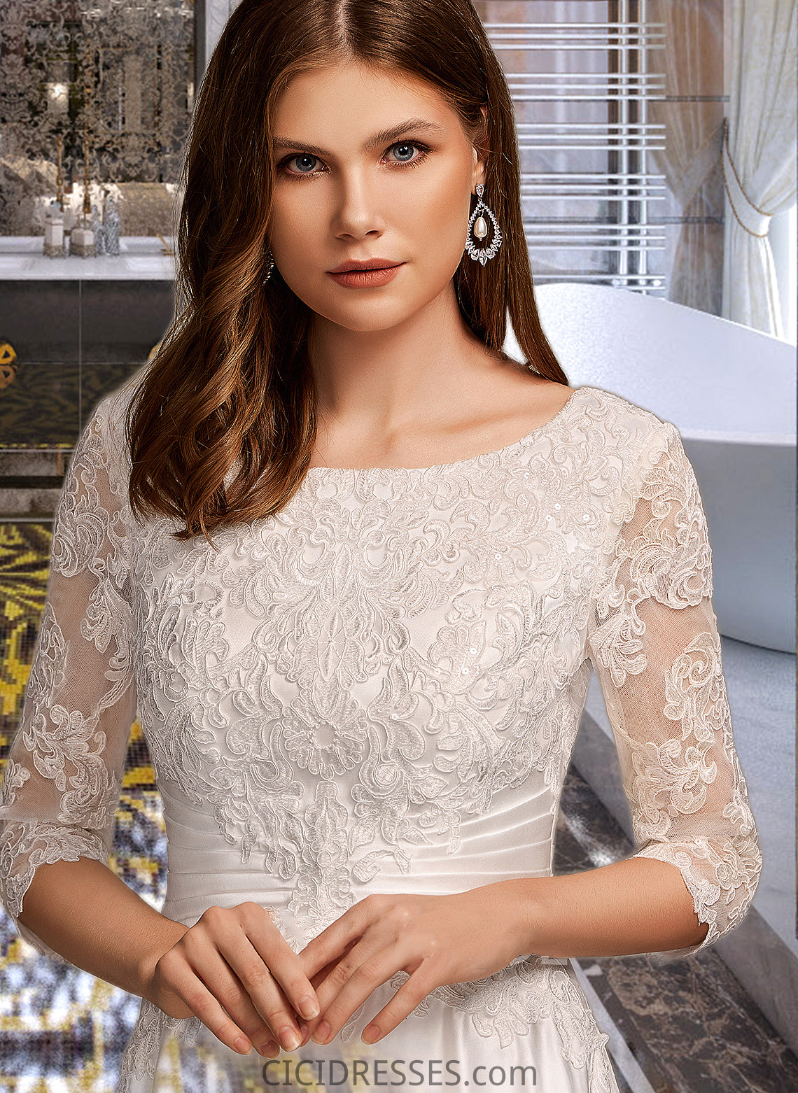 Salome A-Line Scoop Neck Tea-Length Wedding Dress With Pockets CIC8P0013723