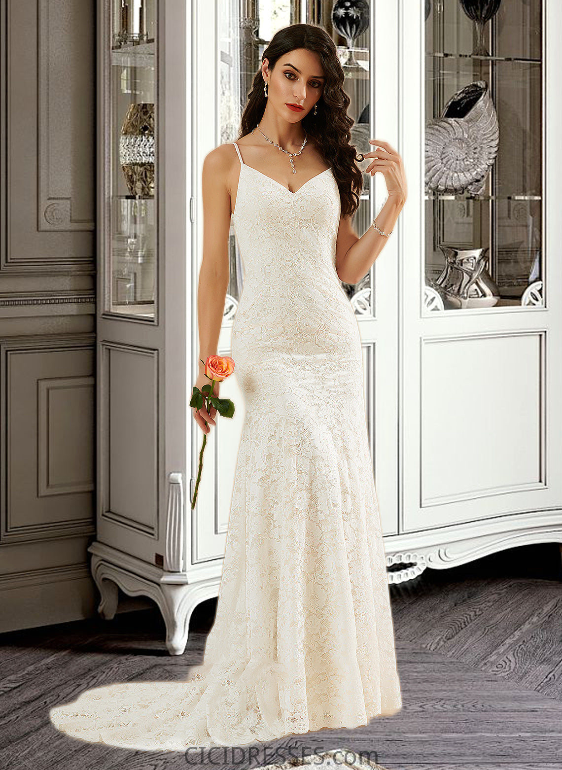 Nyasia Trumpet/Mermaid V-neck Court Train Wedding Dress CIC8P0013725