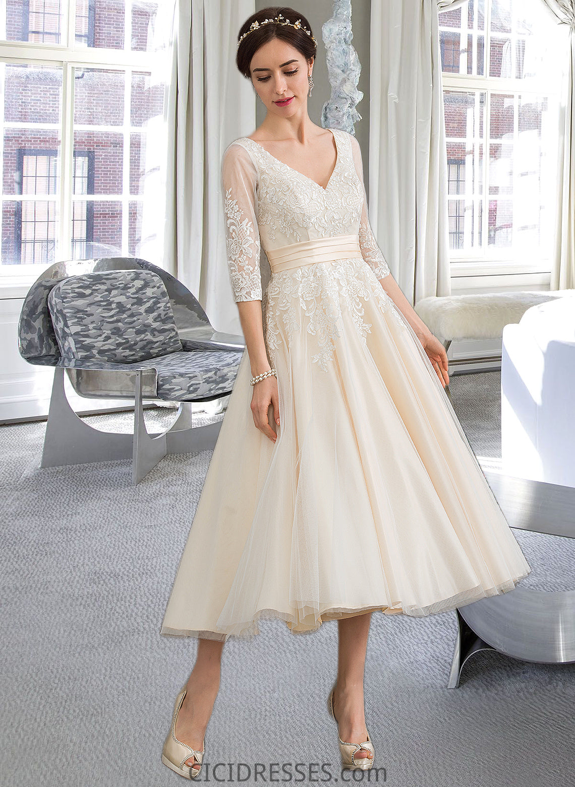 Angeline Ball-Gown/Princess V-neck Tea-Length Tulle Wedding Dress CIC8P0013731