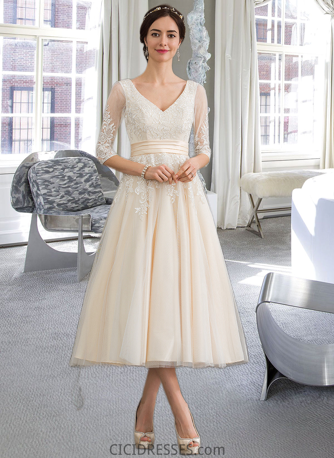 Angeline Ball-Gown/Princess V-neck Tea-Length Tulle Wedding Dress CIC8P0013731