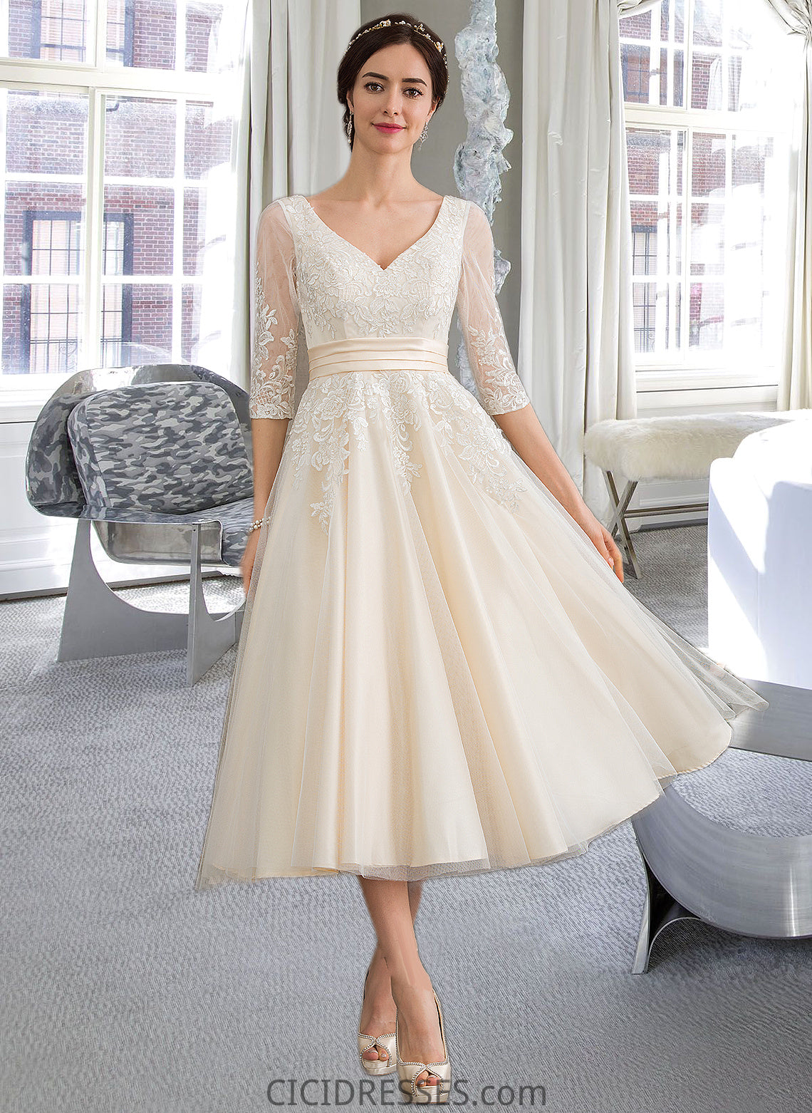 Angeline Ball-Gown/Princess V-neck Tea-Length Tulle Wedding Dress CIC8P0013731