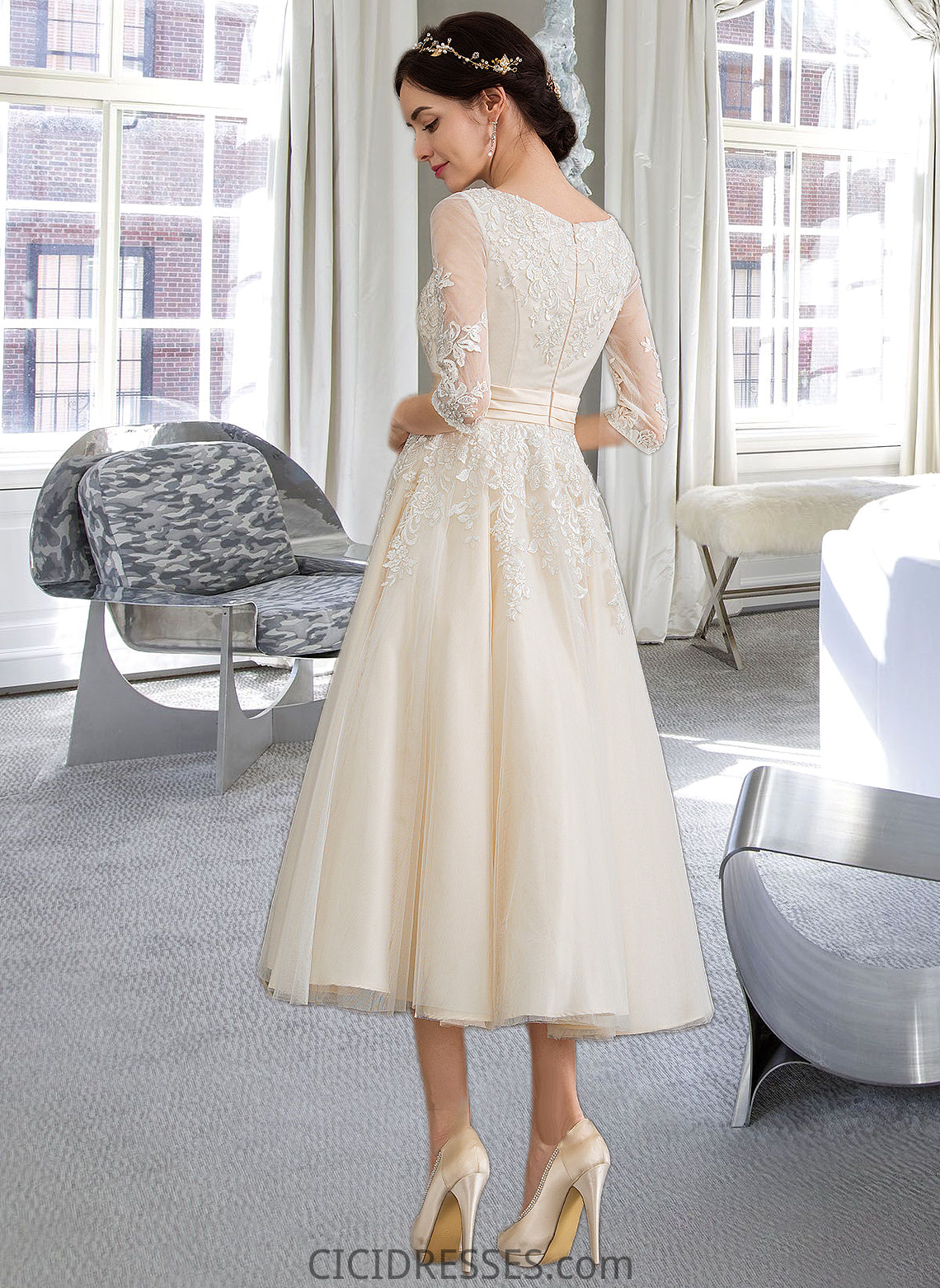 Angeline Ball-Gown/Princess V-neck Tea-Length Tulle Wedding Dress CIC8P0013731