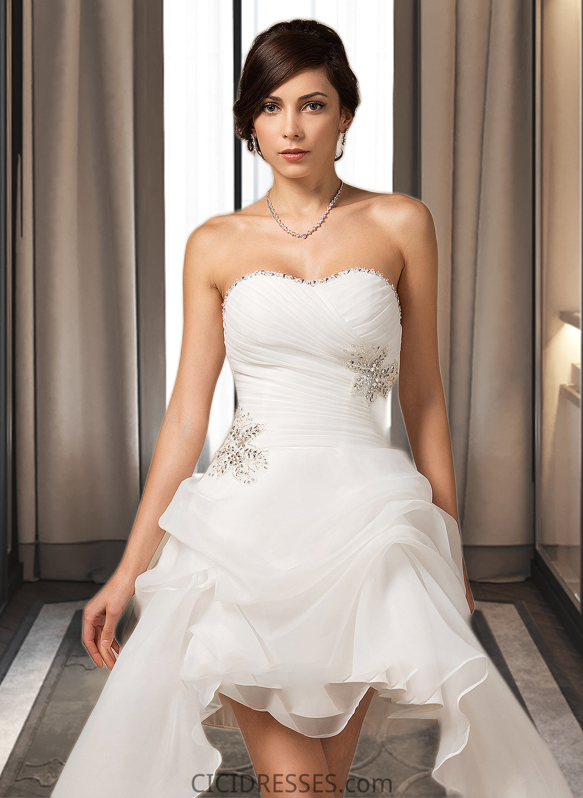 Emelia A-Line Sweetheart Asymmetrical Organza Wedding Dress With Ruffle Beading Sequins CIC8P0013733