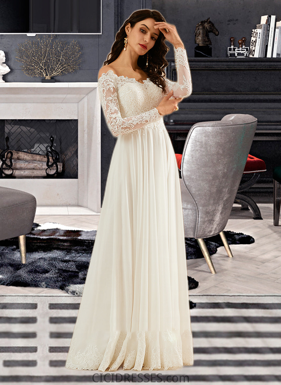 Sara A-Line Off-the-Shoulder Sweep Train Wedding Dress With Lace CIC8P0013734