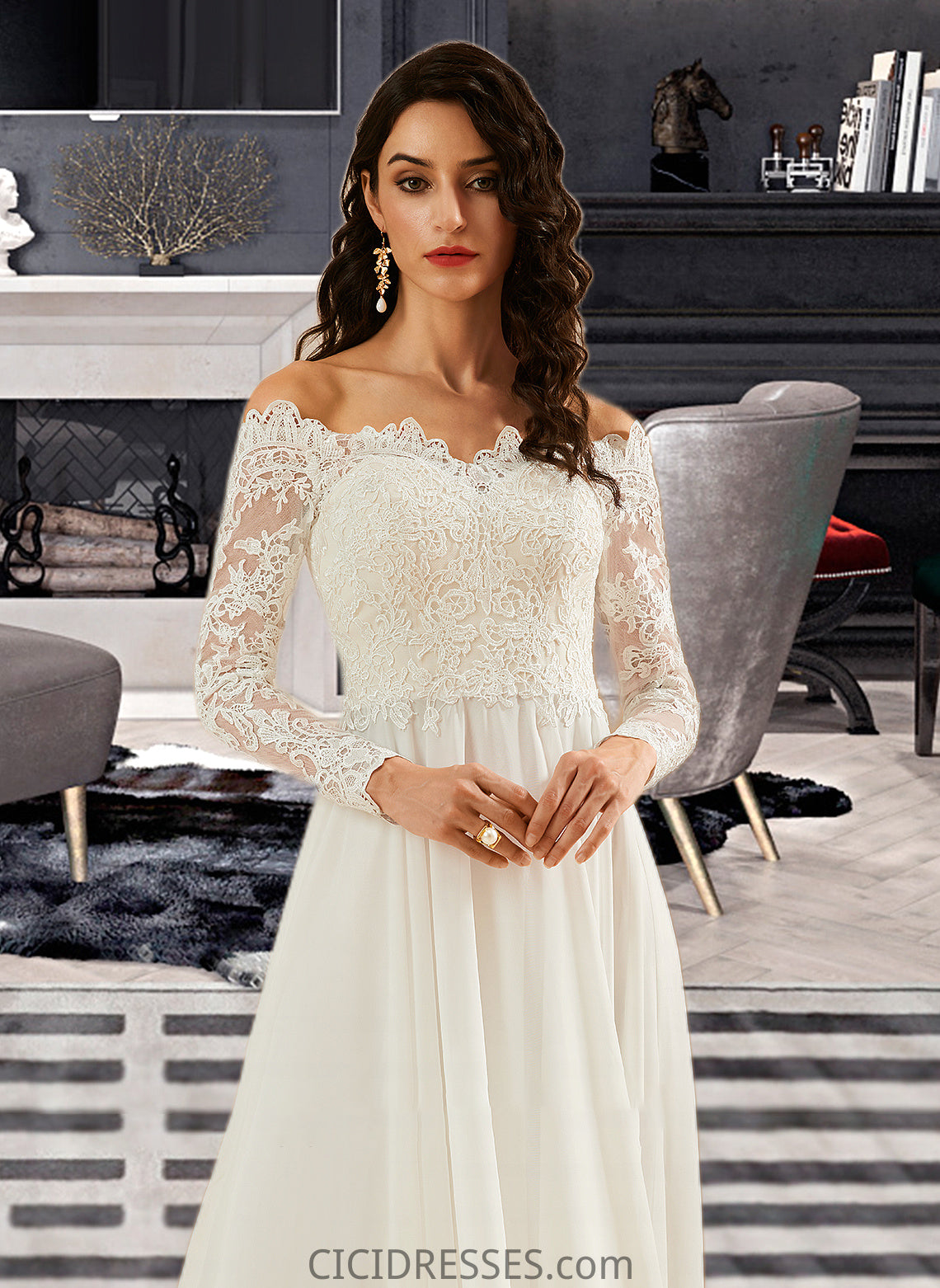 Sara A-Line Off-the-Shoulder Sweep Train Wedding Dress With Lace CIC8P0013734