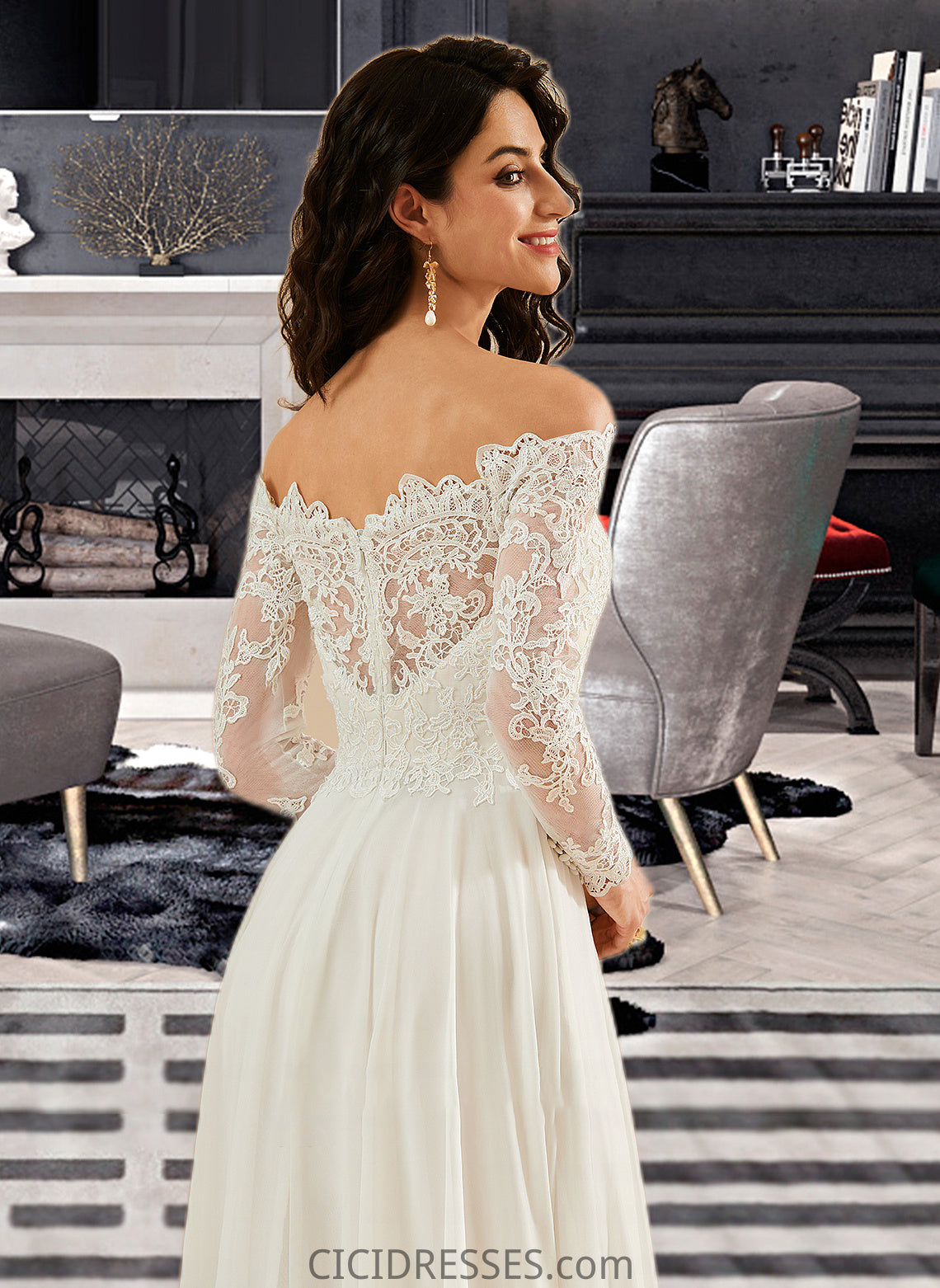 Sara A-Line Off-the-Shoulder Sweep Train Wedding Dress With Lace CIC8P0013734