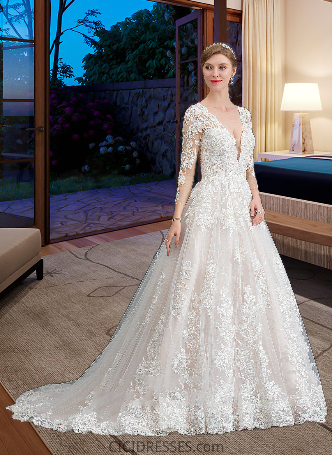 Sanai Ball-Gown/Princess V-neck Chapel Train Tulle Wedding Dress CIC8P0013735