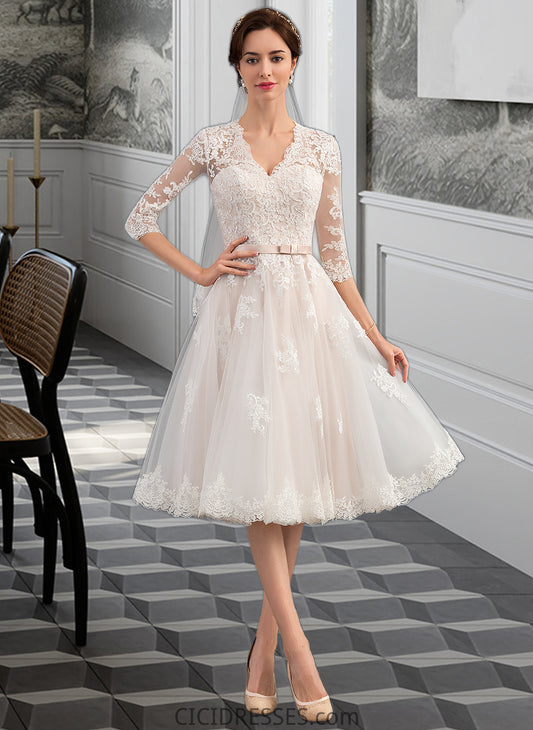 Moriah A-Line V-neck Knee-Length Tulle Wedding Dress With Bow(s) CIC8P0013737