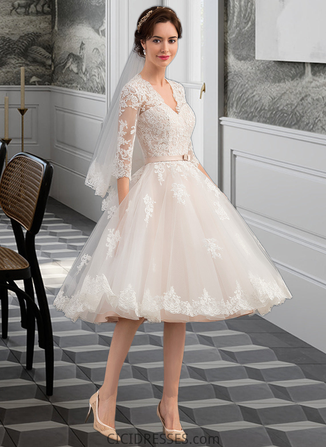 Moriah A-Line V-neck Knee-Length Tulle Wedding Dress With Bow(s) CIC8P0013737