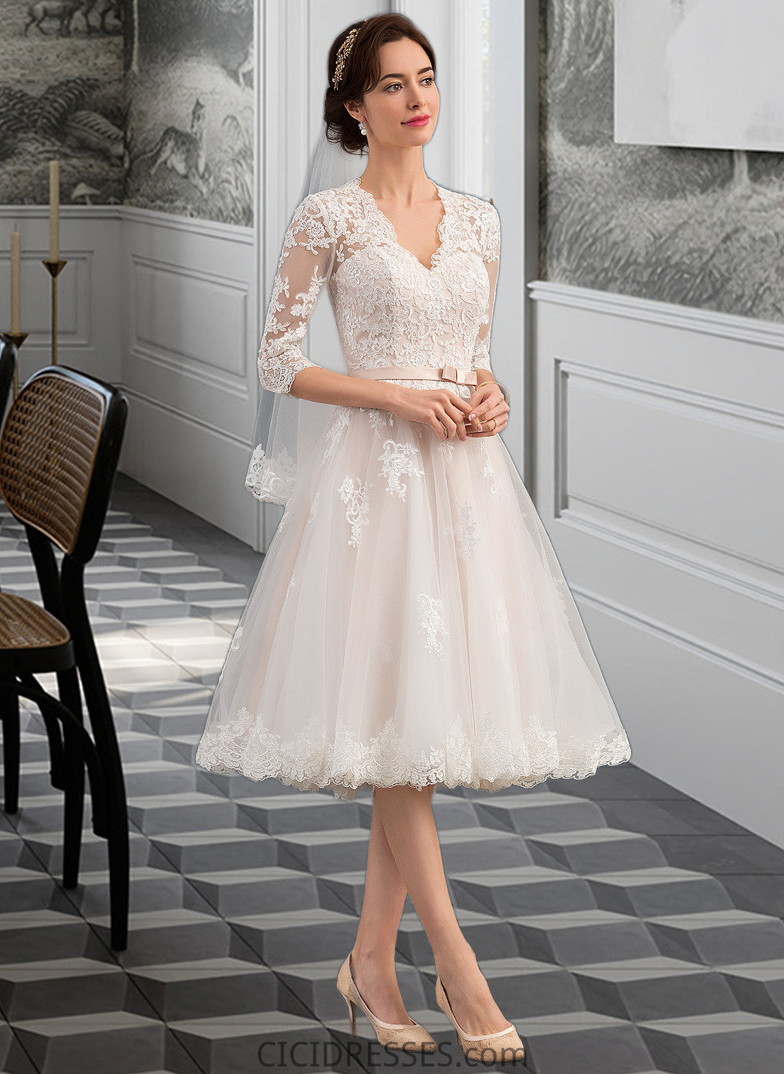 Moriah A-Line V-neck Knee-Length Tulle Wedding Dress With Bow(s) CIC8P0013737