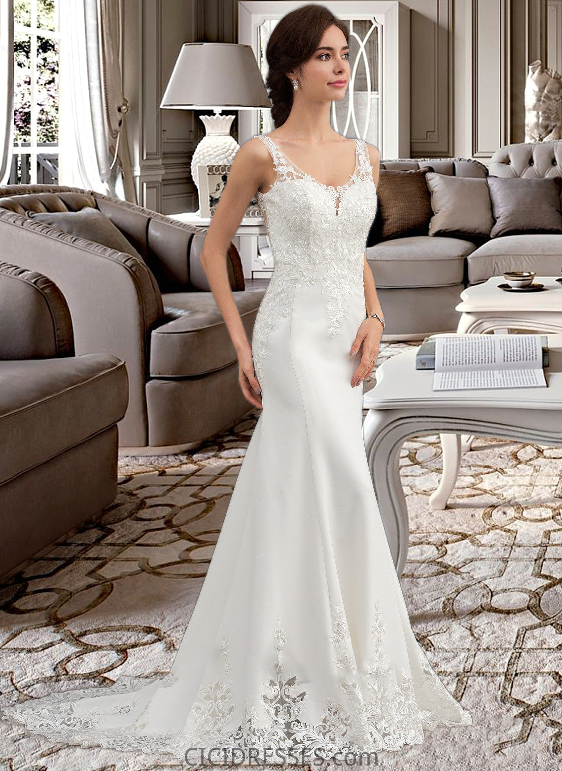 Audrina Trumpet/Mermaid V-neck Court Train Lace Stretch Crepe Wedding Dress With Sequins CIC8P0013738