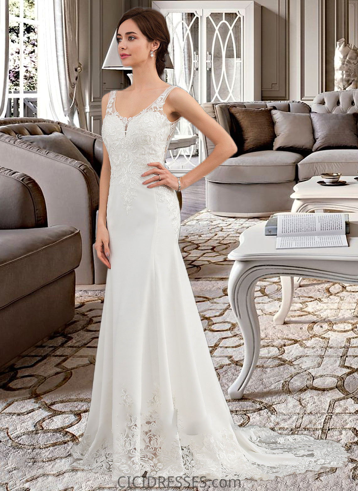 Audrina Trumpet/Mermaid V-neck Court Train Lace Stretch Crepe Wedding Dress With Sequins CIC8P0013738