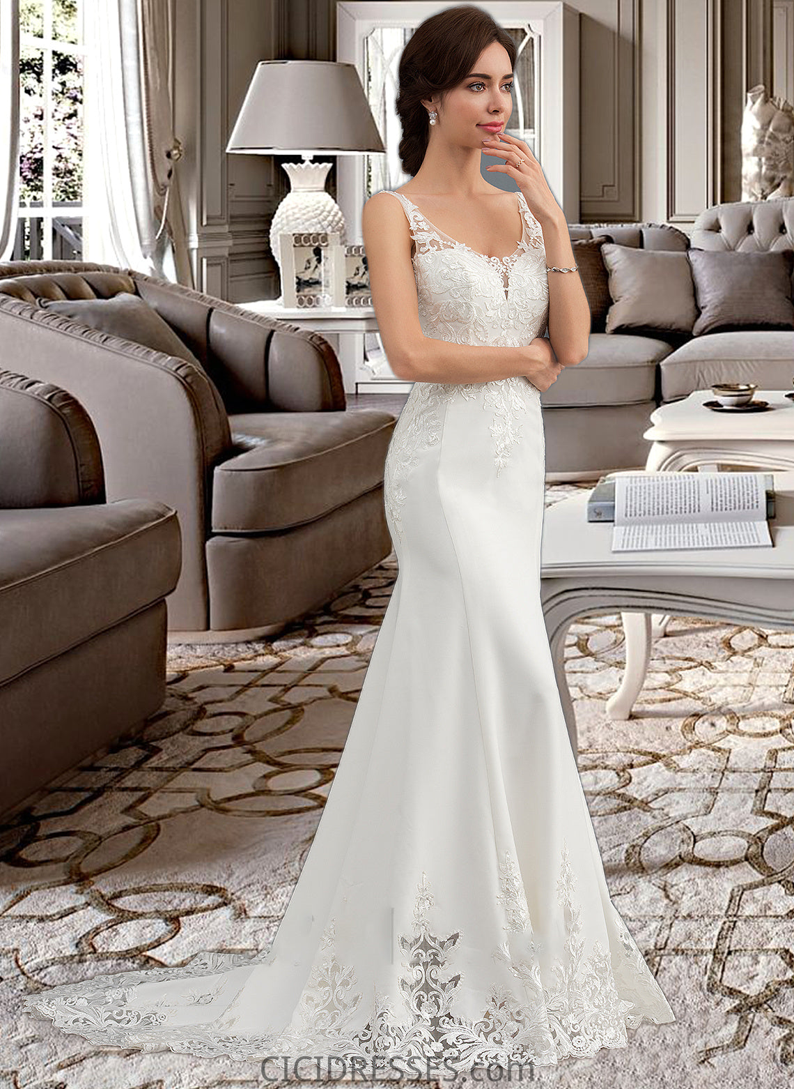 Audrina Trumpet/Mermaid V-neck Court Train Lace Stretch Crepe Wedding Dress With Sequins CIC8P0013738