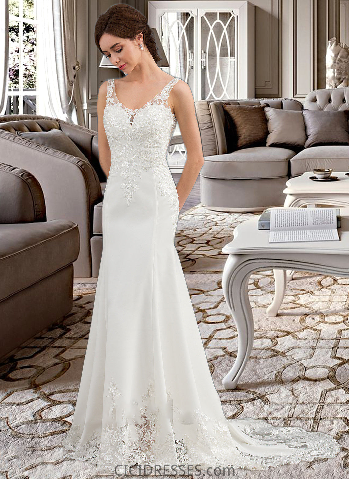 Audrina Trumpet/Mermaid V-neck Court Train Lace Stretch Crepe Wedding Dress With Sequins CIC8P0013738