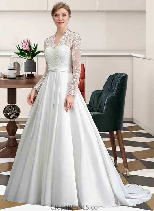 Lila Ball-Gown/Princess V-neck Court Train Satin Wedding Dress With Bow(s) CIC8P0013746