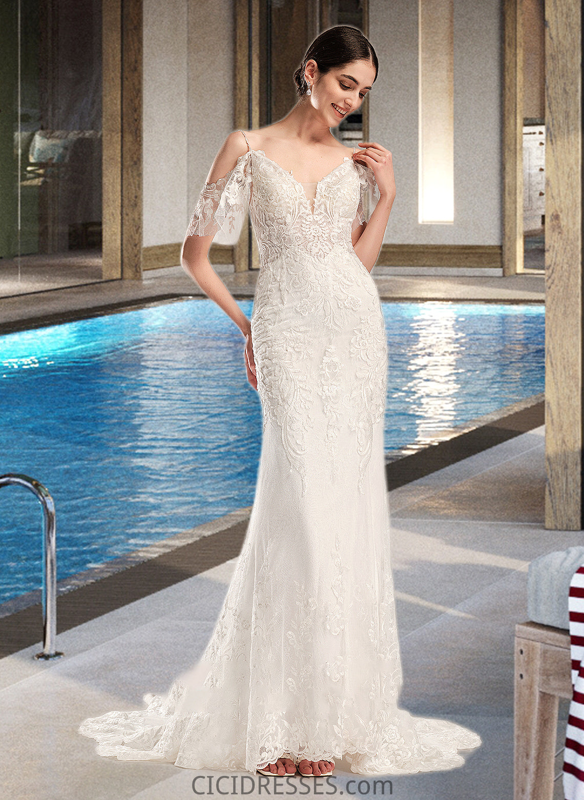 Cara Trumpet/Mermaid V-neck Chapel Train Wedding Dress With Beading Sequins CIC8P0013802