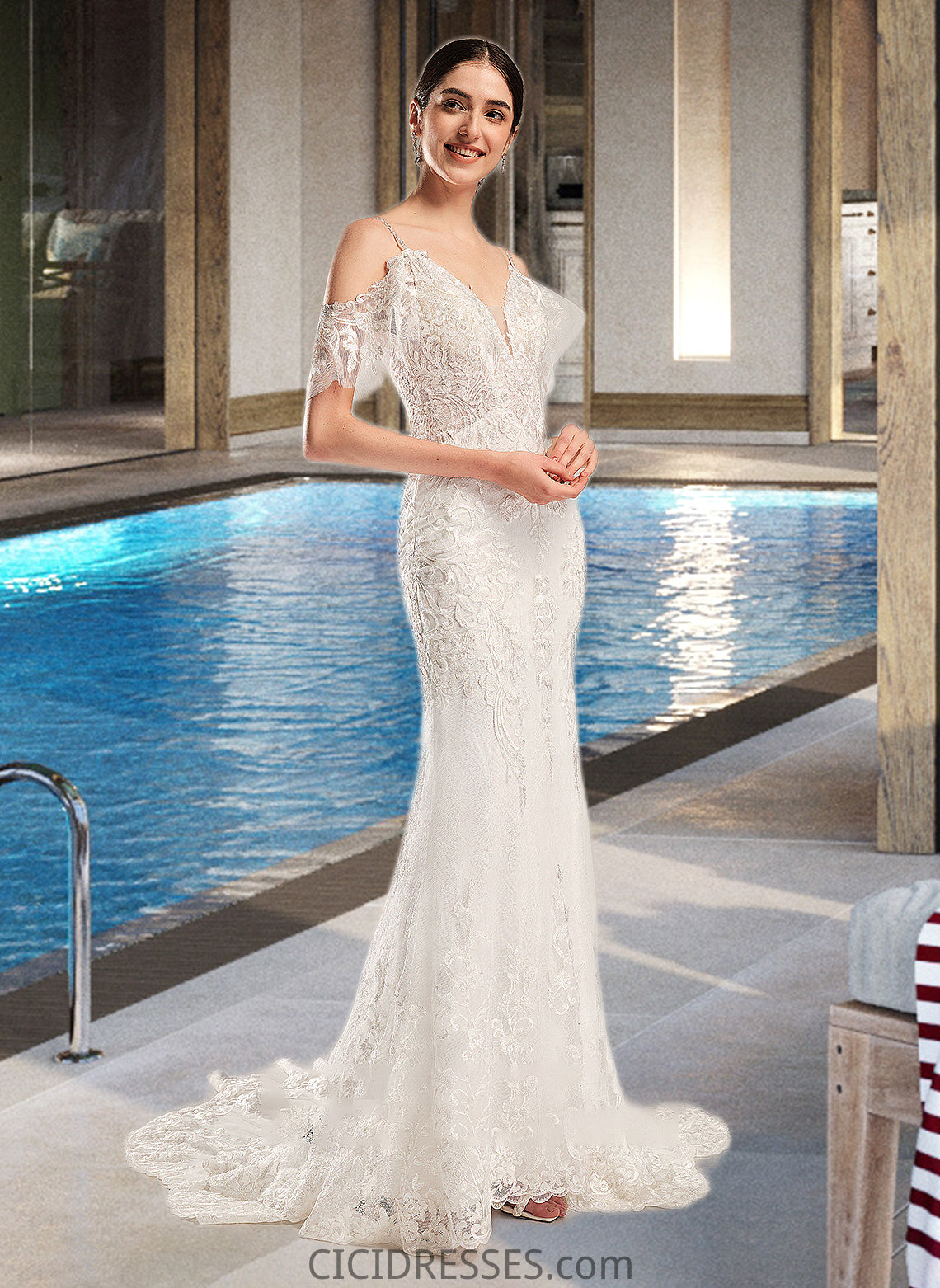 Cara Trumpet/Mermaid V-neck Chapel Train Wedding Dress With Beading Sequins CIC8P0013802