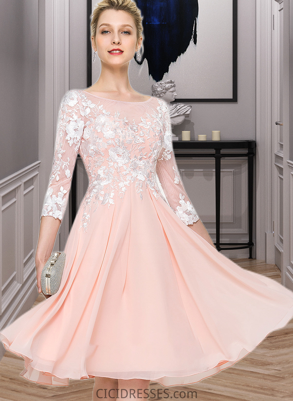 Eloise Scoop Neck Knee-Length Chiffon Wedding Dress CIC8P0013805