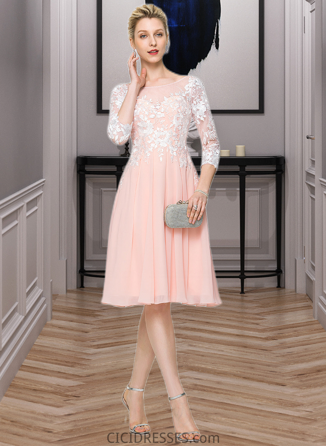 Eloise Scoop Neck Knee-Length Chiffon Wedding Dress CIC8P0013805