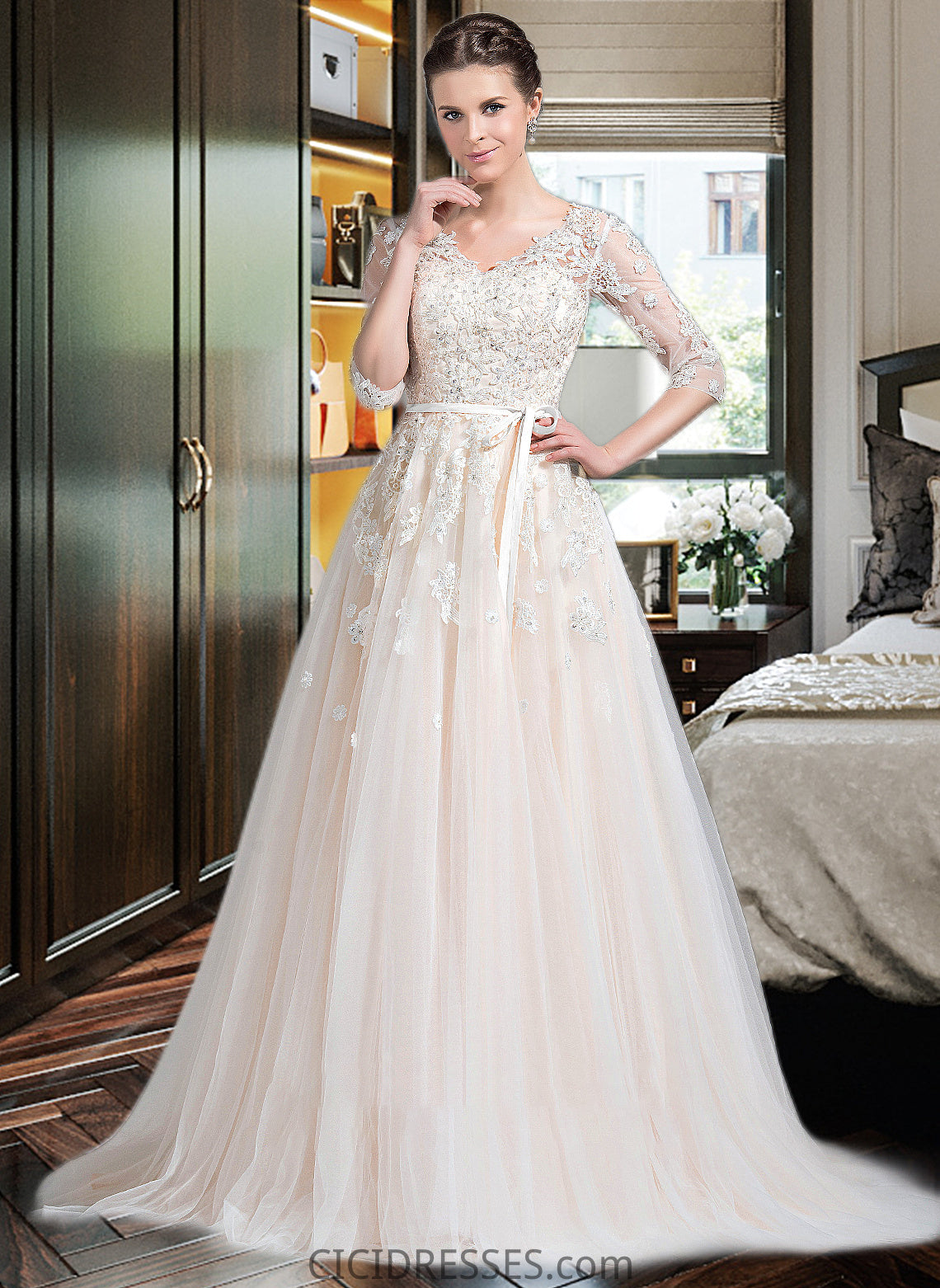 Raquel Ball-Gown/Princess V-neck Court Train Tulle Wedding Dress With Beading Appliques Lace Sequins Bow(s) CIC8P0013809