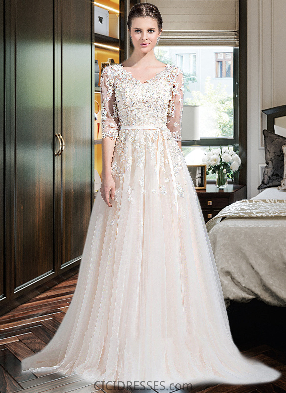 Raquel Ball-Gown/Princess V-neck Court Train Tulle Wedding Dress With Beading Appliques Lace Sequins Bow(s) CIC8P0013809