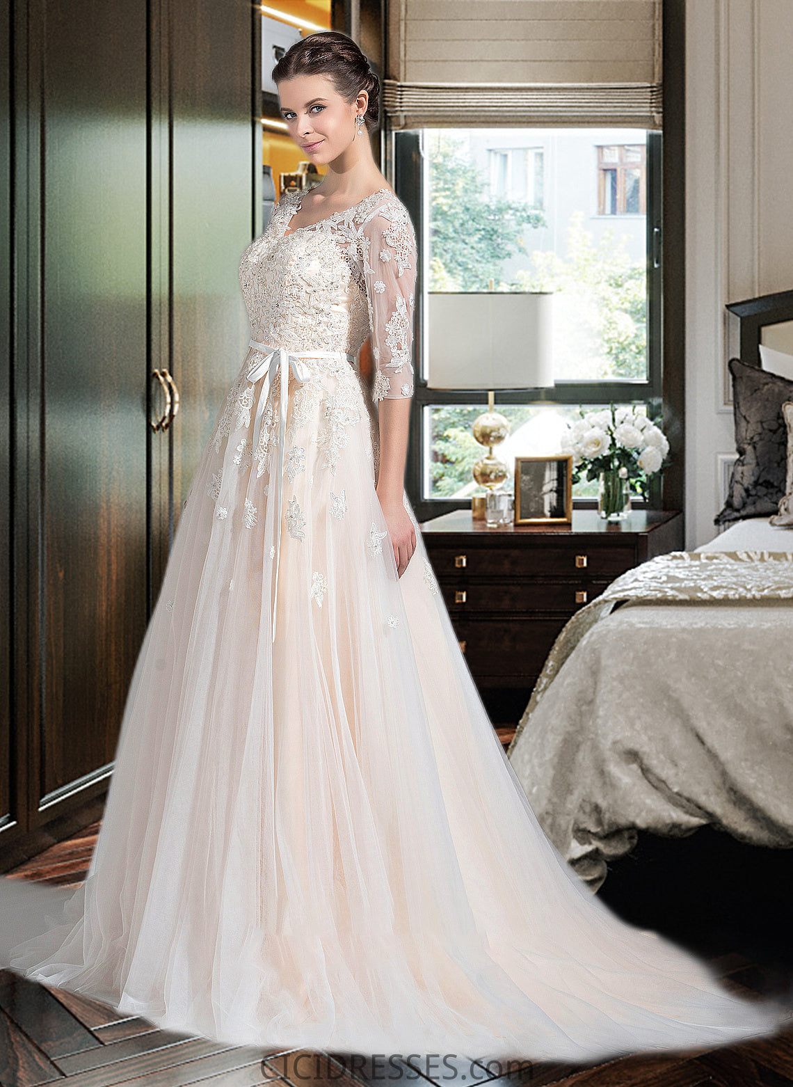 Raquel Ball-Gown/Princess V-neck Court Train Tulle Wedding Dress With Beading Appliques Lace Sequins Bow(s) CIC8P0013809