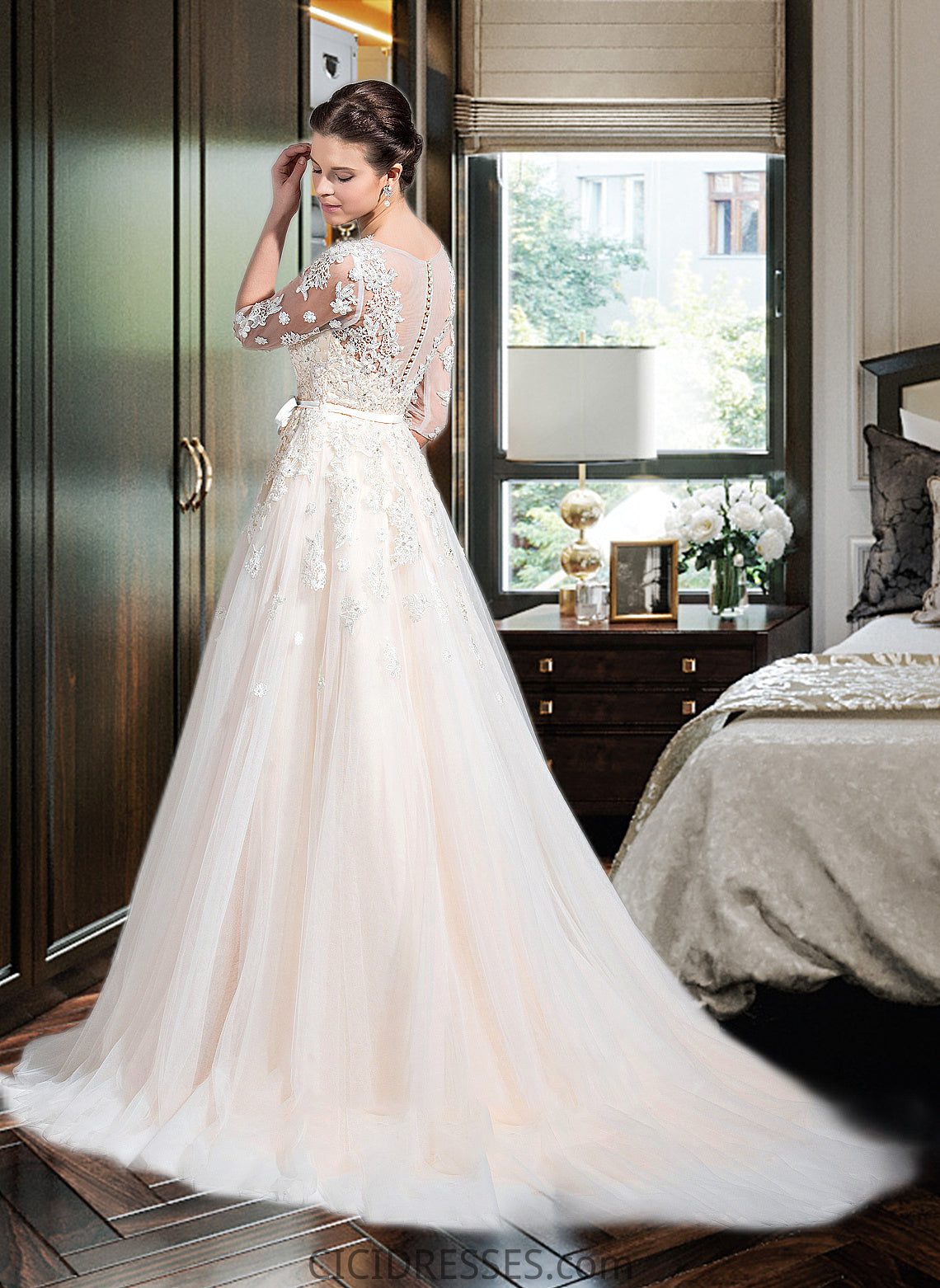 Raquel Ball-Gown/Princess V-neck Court Train Tulle Wedding Dress With Beading Appliques Lace Sequins Bow(s) CIC8P0013809