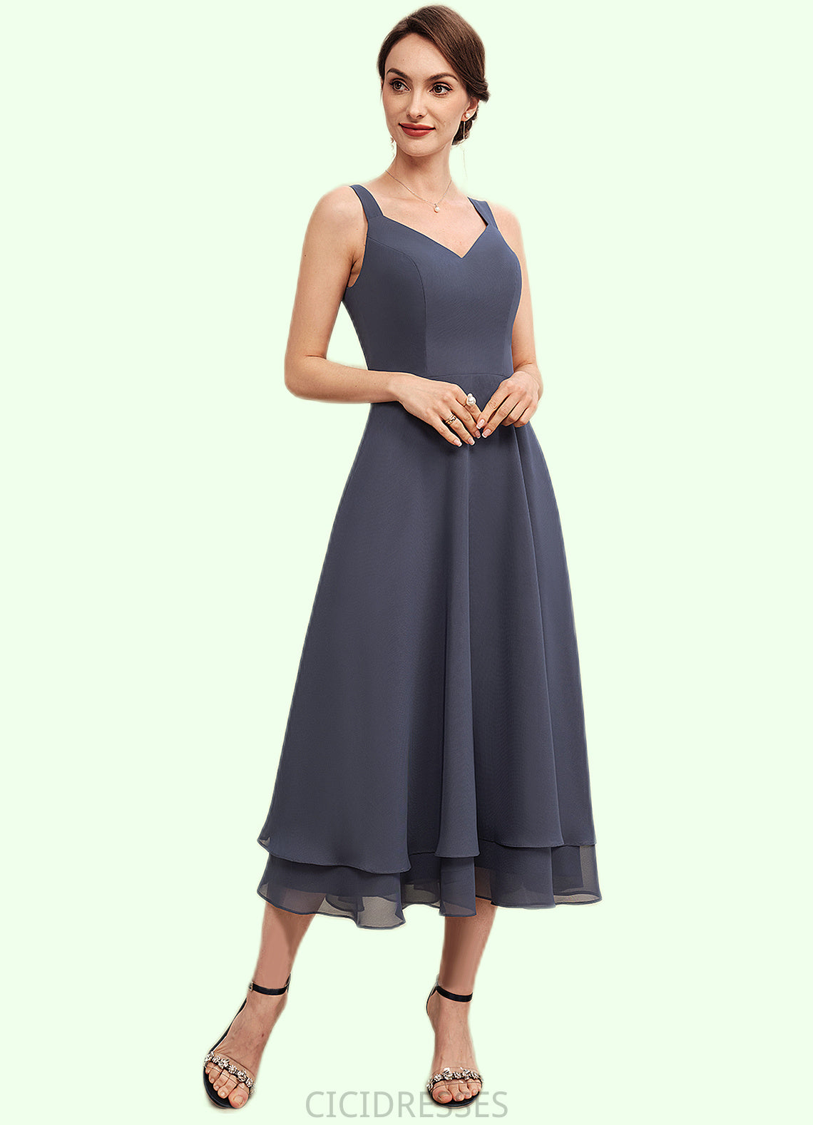 Sage A-line V-Neck Tea-Length Chiffon Mother of the Bride Dress CIC8126P0014540