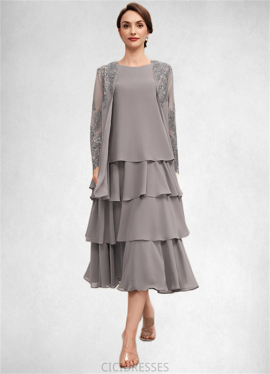 Susan A-Line Scoop Neck Tea-Length Chiffon Mother of the Bride Dress With Cascading Ruffles CIC8126P0014603