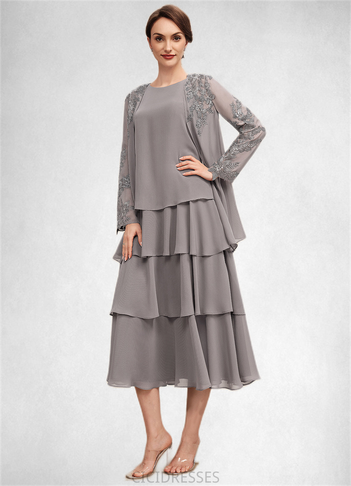 Susan A-Line Scoop Neck Tea-Length Chiffon Mother of the Bride Dress With Cascading Ruffles CIC8126P0014603