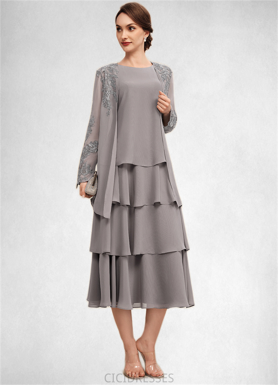 Susan A-Line Scoop Neck Tea-Length Chiffon Mother of the Bride Dress With Cascading Ruffles CIC8126P0014603