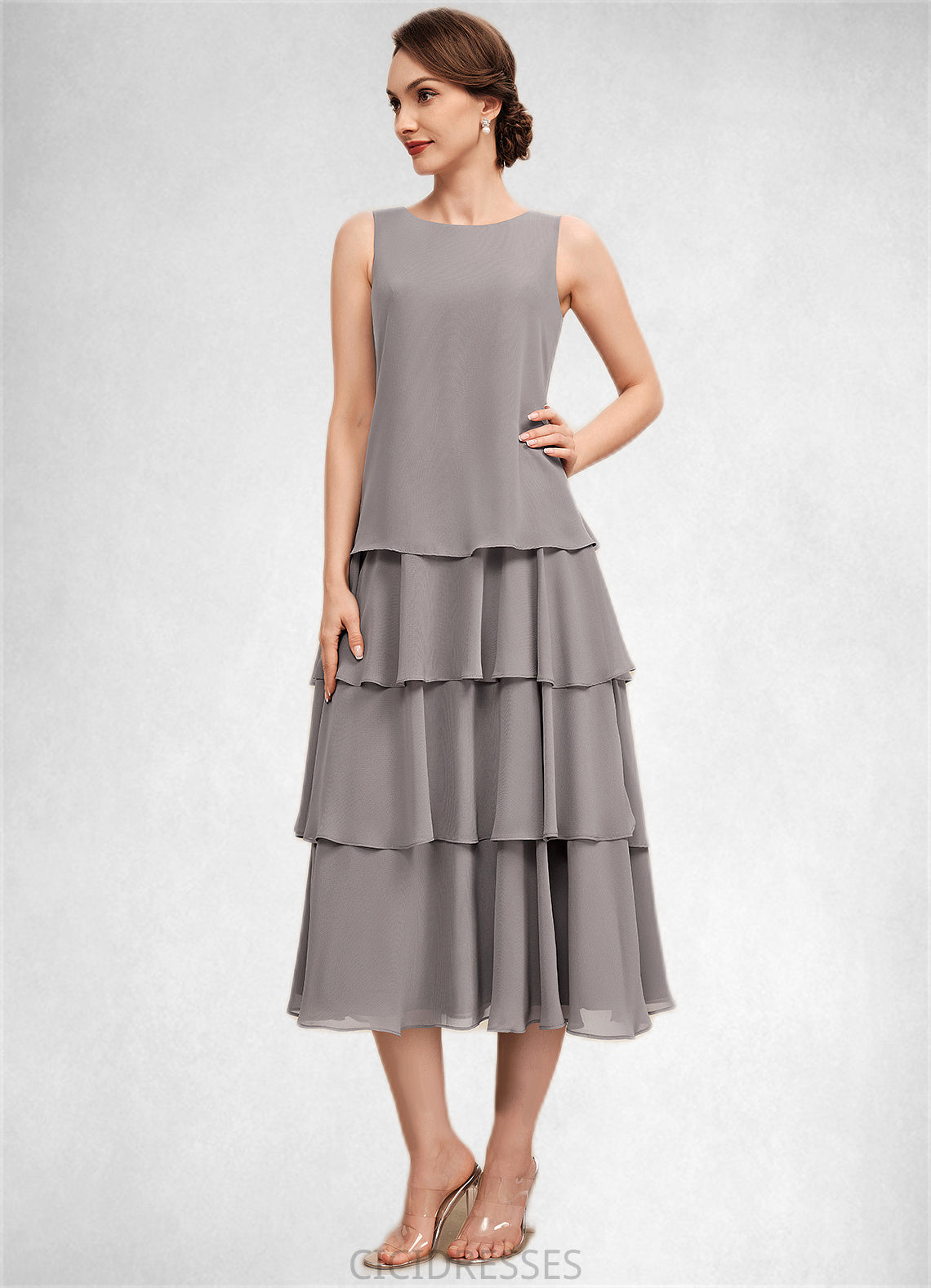 Susan A-Line Scoop Neck Tea-Length Chiffon Mother of the Bride Dress With Cascading Ruffles CIC8126P0014603