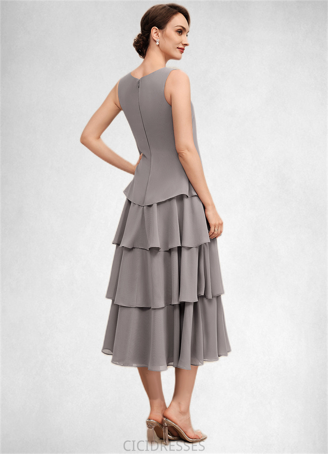 Susan A-Line Scoop Neck Tea-Length Chiffon Mother of the Bride Dress With Cascading Ruffles CIC8126P0014603