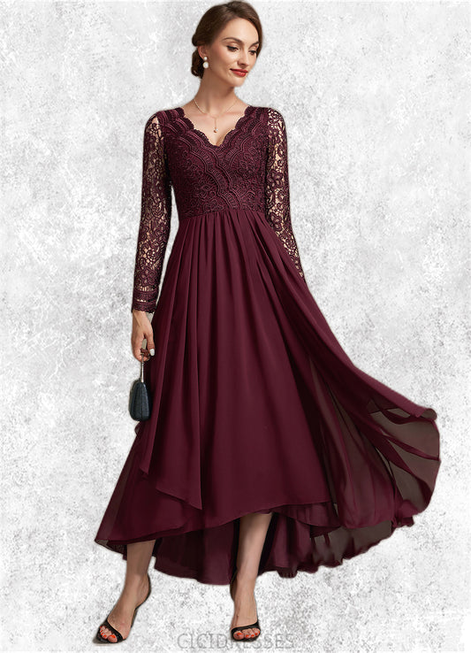 Maureen A-line V-Neck Asymmetrical Chiffon Lace Mother of the Bride Dress CIC8126P0014640