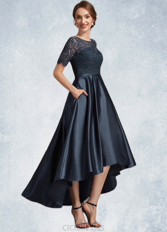 Autumn A-Line Scoop Neck Asymmetrical Satin Lace Mother of the Bride Dress CIC8126P0014647