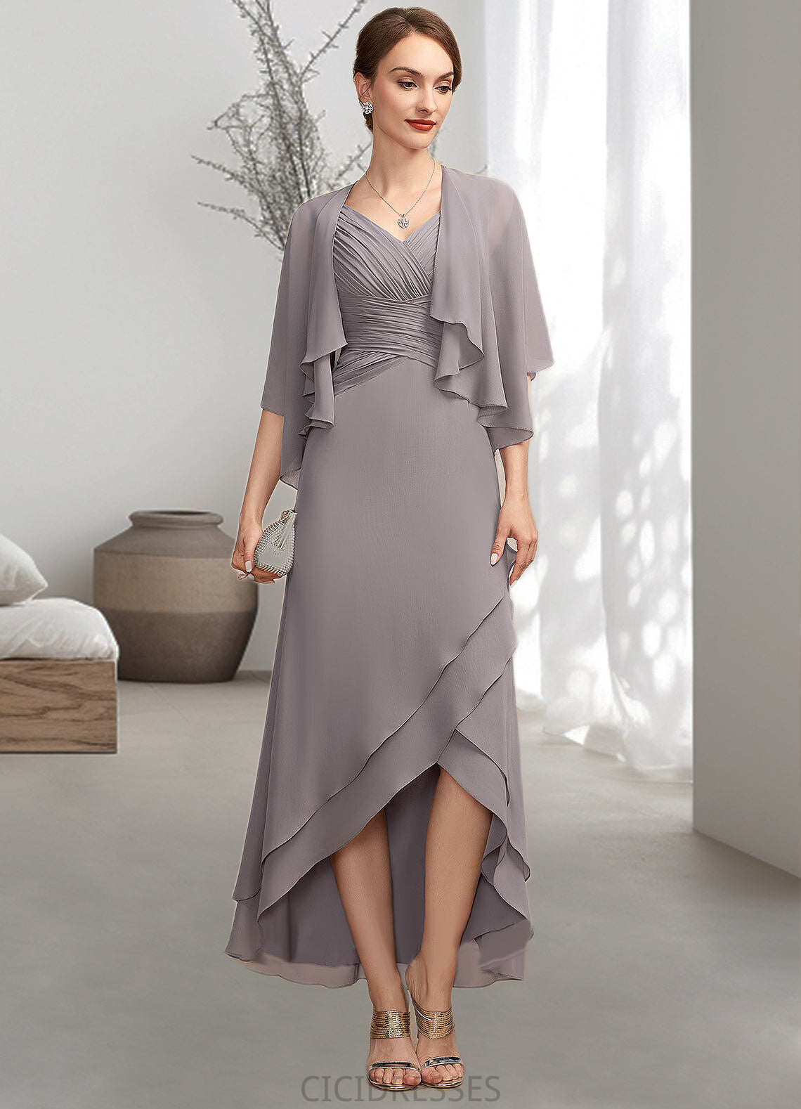 Zoe A-Line V-neck Asymmetrical Chiffon Mother of the Bride Dress With Ruffle CIC8126P0014682