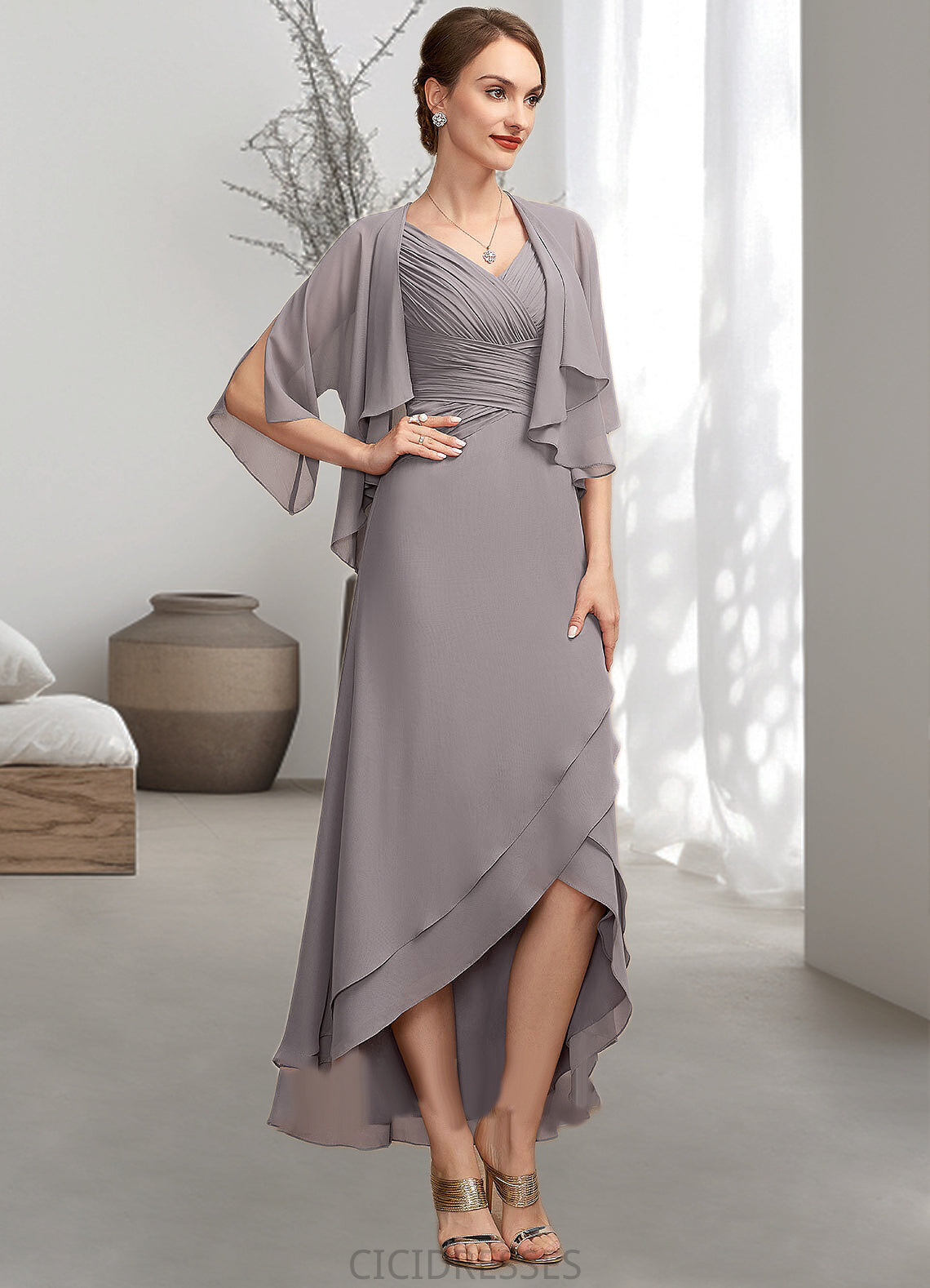 Zoe A-Line V-neck Asymmetrical Chiffon Mother of the Bride Dress With Ruffle CIC8126P0014682