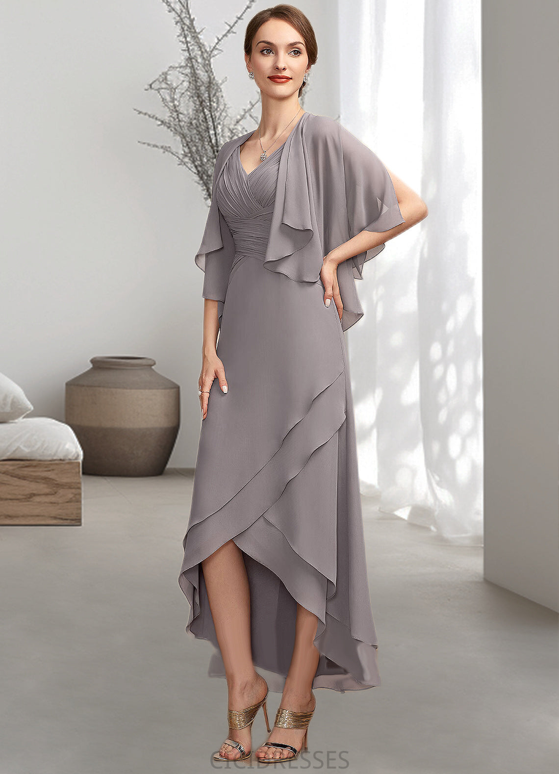 Zoe A-Line V-neck Asymmetrical Chiffon Mother of the Bride Dress With Ruffle CIC8126P0014682