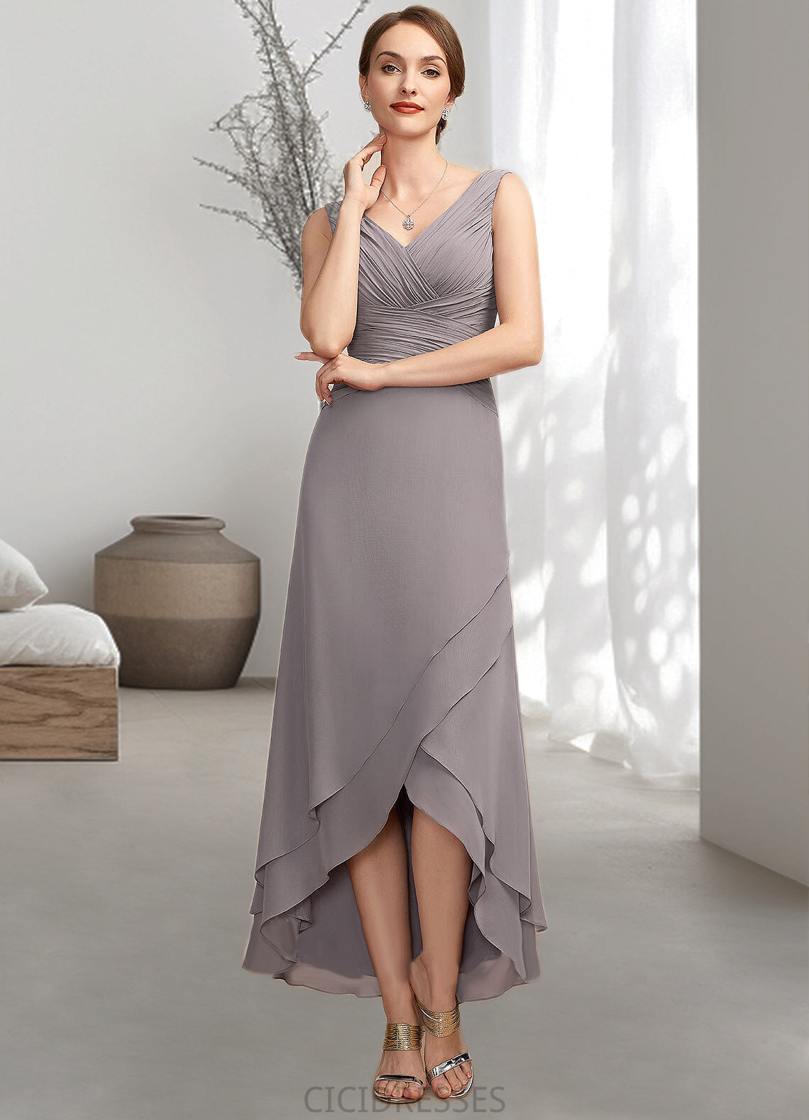 Zoe A-Line V-neck Asymmetrical Chiffon Mother of the Bride Dress With Ruffle CIC8126P0014682