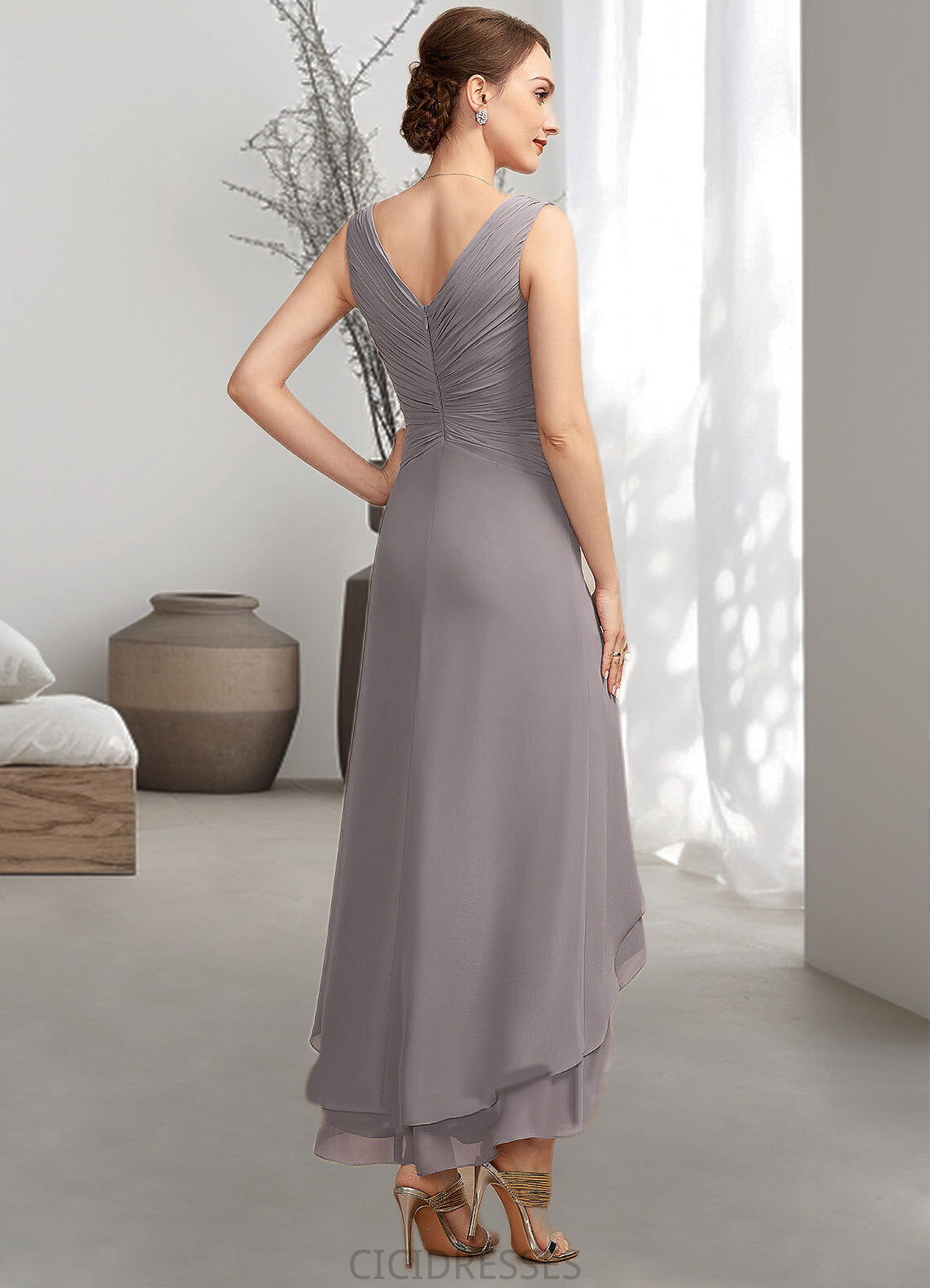 Zoe A-Line V-neck Asymmetrical Chiffon Mother of the Bride Dress With Ruffle CIC8126P0014682