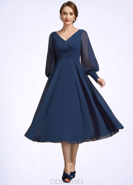 Jazmin A-Line V-neck Tea-Length Chiffon Mother of the Bride Dress With Ruffle CIC8126P0014707