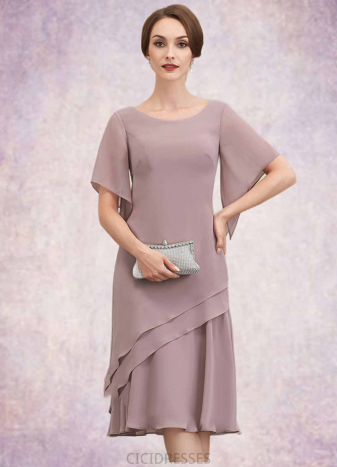 Aurora A-Line Scoop Neck Knee-Length Chiffon Mother of the Bride Dress With Cascading Ruffles CIC8126P0014755