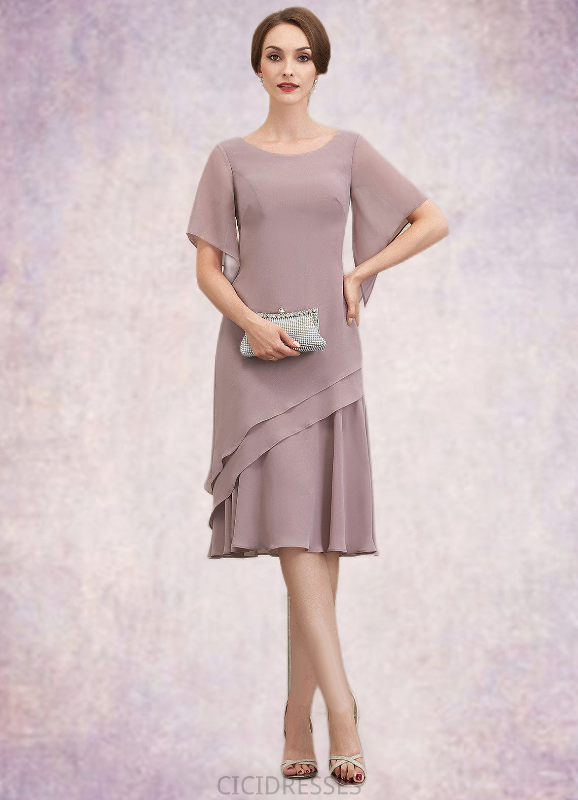 Aurora A-Line Scoop Neck Knee-Length Chiffon Mother of the Bride Dress With Cascading Ruffles CIC8126P0014755