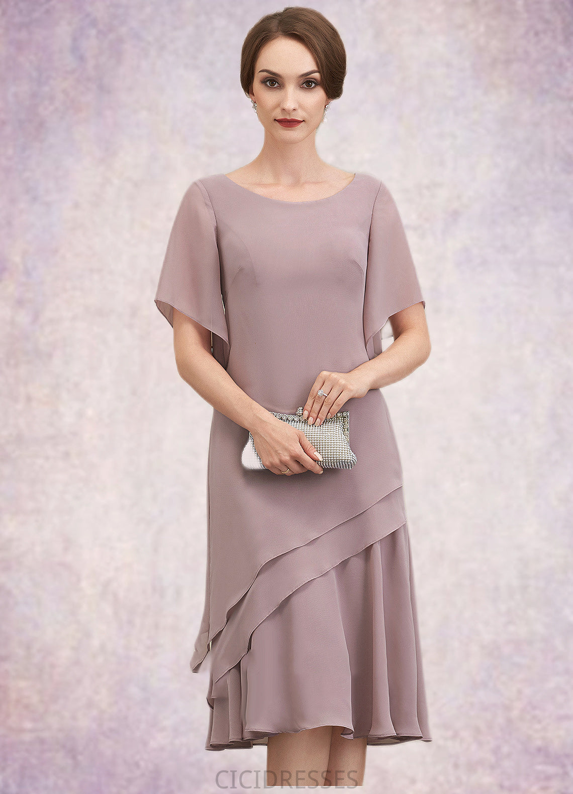 Aurora A-Line Scoop Neck Knee-Length Chiffon Mother of the Bride Dress With Cascading Ruffles CIC8126P0014755